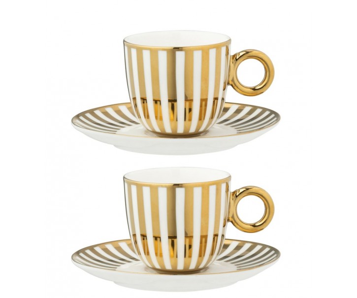 2ks bílo-zlatý pruhovaný šálek s podšálkem v krabičce - 15*9*8cm / 230 ml J-Line by Jolipa