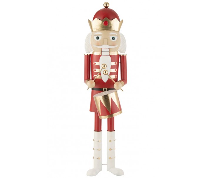 Bílo-červená kovová socha Louskáček s bubínkem v životní velikosti - 43*50*174cm J-Line by Jolipa