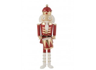 Bílo-červená kovová socha Louskáček s bubínkem - 33*30*106 cm