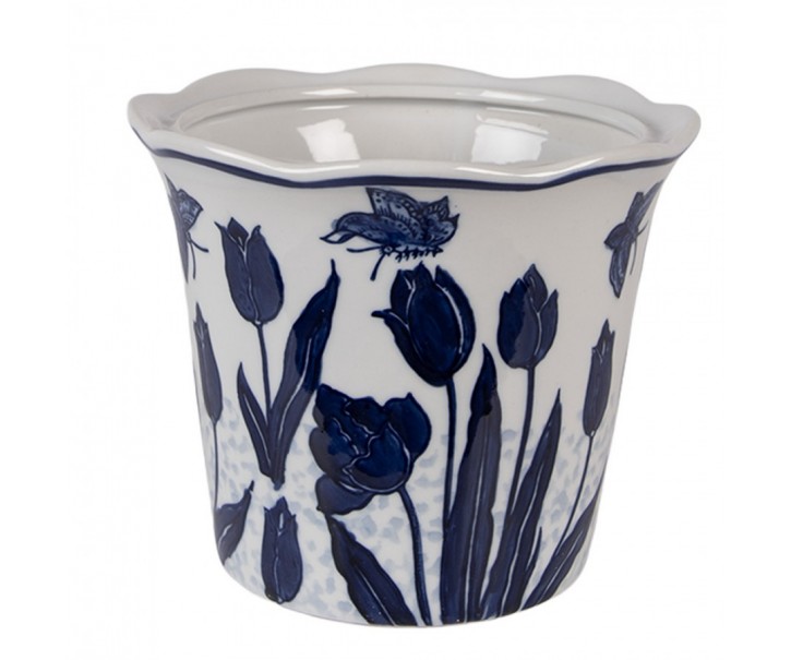 Porcelánový obal na květináč s modrými tulipány Vintage Unique - Ø 21*16 cm Clayre & Eef