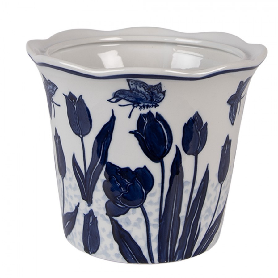Levně Porcelánový obal na květináč s modrými tulipány Vintage Tulipp - Ø 21*16 cm 6CE2379