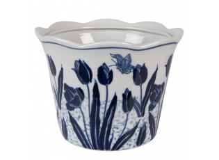 Porcelánový obal na květináč s modrými tulipány Vintage Tulipp - Ø 17*15 cm