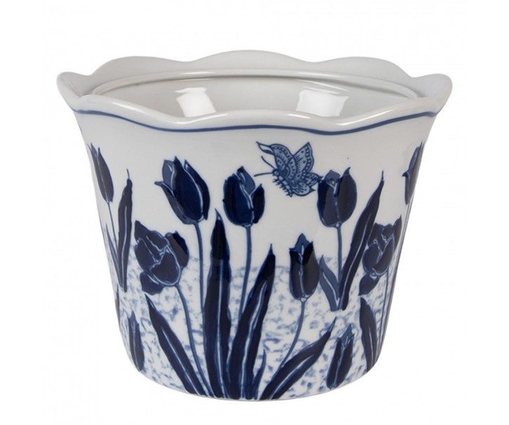 Porcelánový obal na květináč s modrými tulipány Vintage Unique - Ø 17*15 cm Clayre & Eef