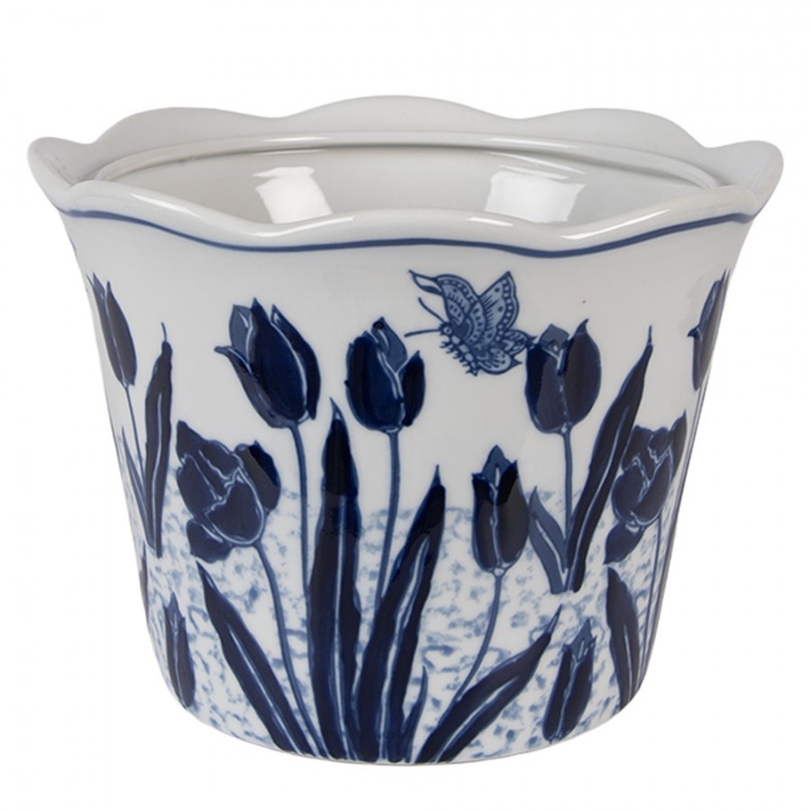 Porcelánový obal na květináč s modrými tulipány Vintage Unique - Ø 17*15 cm