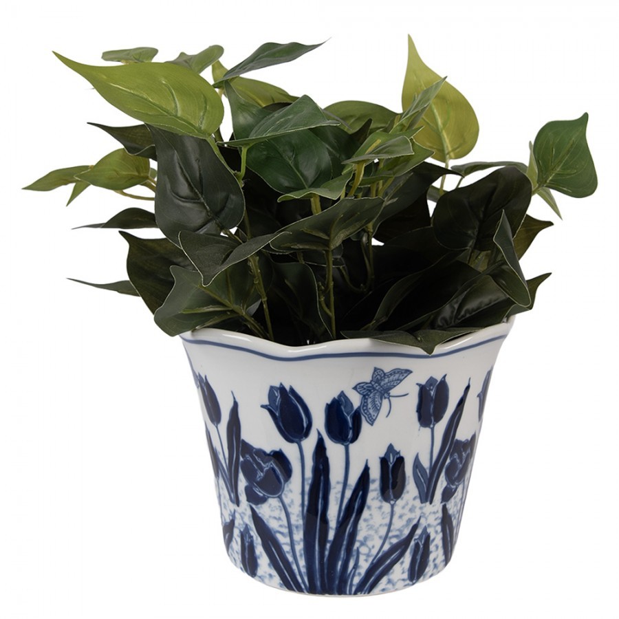 Porcelánový obal na květináč s modrými tulipány Vintage Unique - Ø 17*15 cm