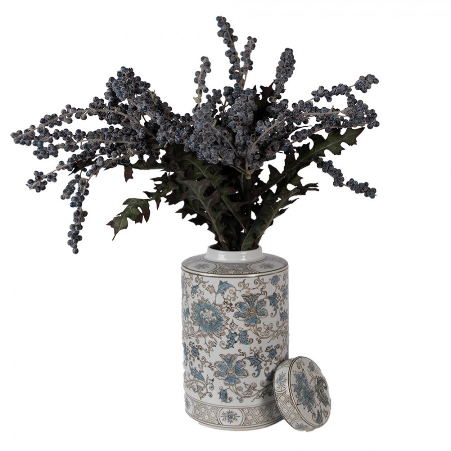 Porcelánová váza s víčkem a modrými květy Vintage Unique - Ø 18*30 cm