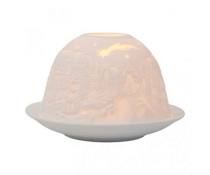 Bílý porcelánový svícen na čajovou svíčku s domky Paollo - Ø 12*8 cm Clayre & Eef