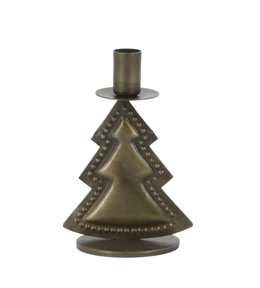 Mosazný antik kovový svícen na úzkou svíčku stromek Cannie - 5,5*11cm