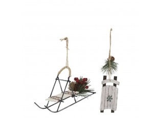 2ks krémová antik vánoční ozdoba sáně Vintage - 16*5*5/ 9*9*14 cm 