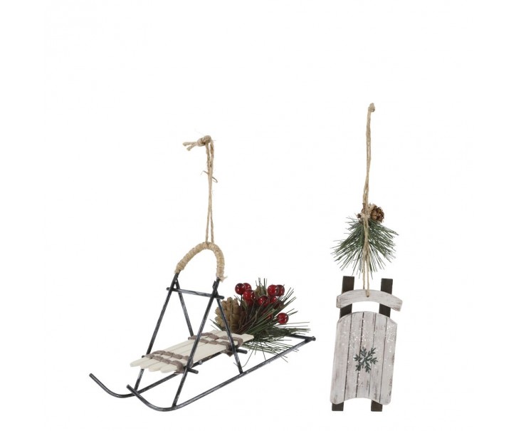 2ks krémová antik vánoční ozdoba sáně Vintage - 16*5*5/ 9*9*14 cm Chic Antique