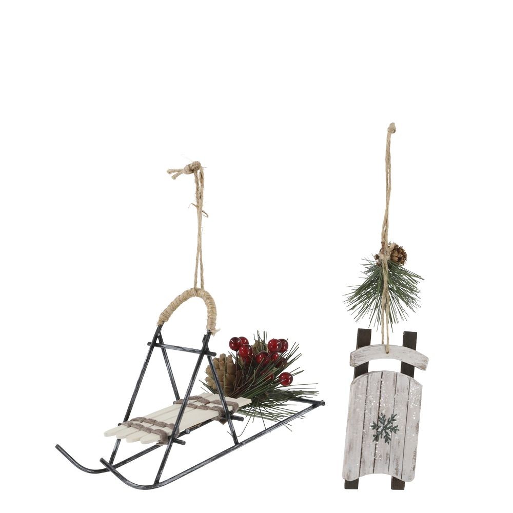 2ks krémová antik vánoční ozdoba sáně Vintage - 16*5*5/ 9*9*14 cm 