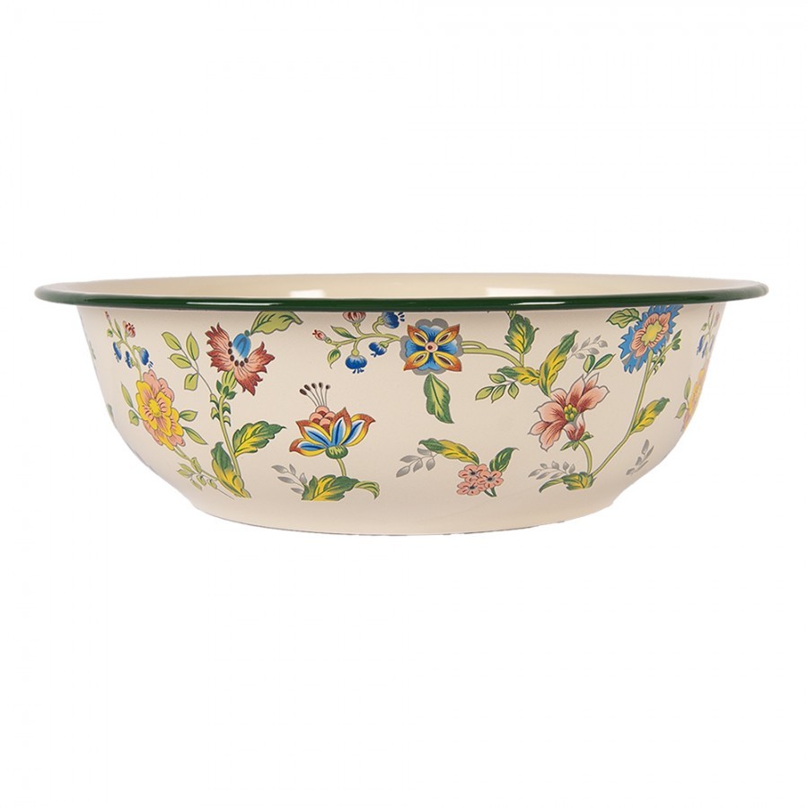Béžová dekorační smaltovaná mísa s květy Vintage antik - Ø 30*9 cm / 3000 ml