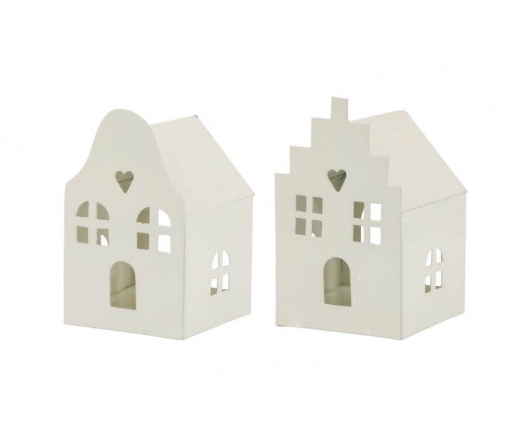 Set 2ks krémový antik svícen domek na čajovou svíčku - 6*6*10 cm Chic Antique