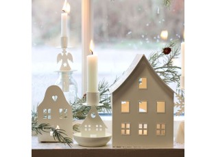 Set 2ks krémový antik svícen domek na čajovou svíčku - 6*6*10 cm 