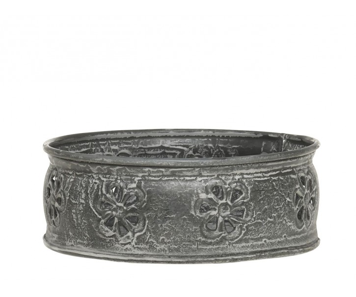 Zinkový antik kovový svícen s květy na válcovou svíčku - Ø 13*6 cm Chic Antique