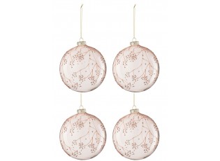 4ks růžová vánoční skleněná ozdoba s větvičkami a třpytkami - Ø 12 cm