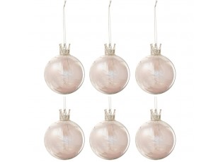 6ks duhová vánoční skleněná ozdoba s korunkou a peříčky - Ø 8 cm