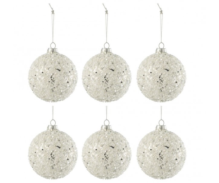 6ks bílá stříbrná vánoční skleněná ozdoba s korálky - Ø 8 cm J-Line by Jolipa