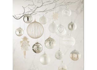 6ks bílá stříbrná vánoční skleněná ozdoba s korálky - Ø 8 cm