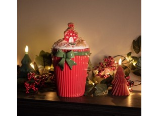 Červená keramická dóza s mašlí a chaloupkou - 16*14*27 cm