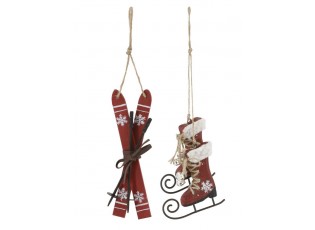 2ks červená antik vánoční ozdoba brusle a lyže Vintage - 2*14/ 9*2*9 cm 