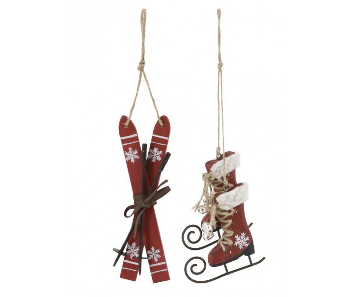 2ks červená antik vánoční ozdoba brusle a lyže Vintage - 2*14/ 9*2*9 cm Chic Antique