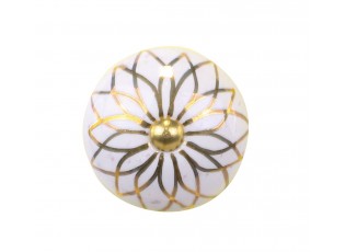 Bílá antik porcelánová úchytka s mosaznou květinou Cruz - Ø 4*6,5 cm