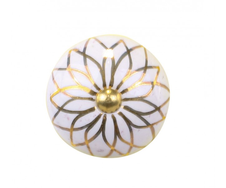 Bílá antik porcelánová úchytka s mosaznou květinou Cruz - Ø 4*6,5 cm Chic Antique