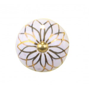 Bílá antik porcelánová úchytka s mosaznou květinou Cruz - Ø 4*6,5 cm