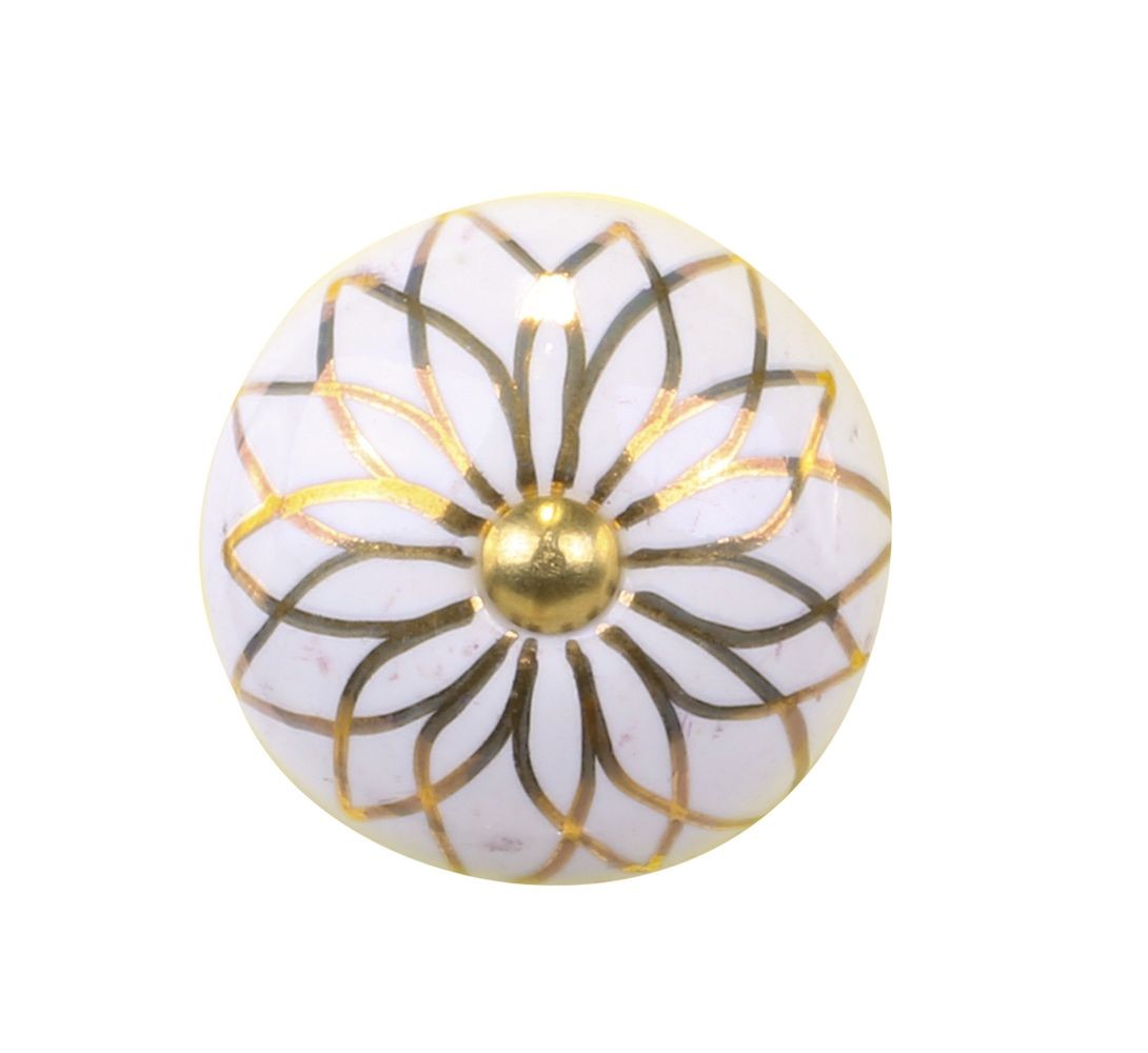 Bílá antik porcelánová úchytka s mosaznou květinou Cruz - Ø 4*6,5 cm