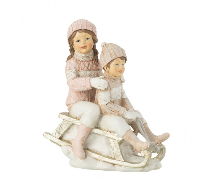 Bílo-růžová dekorace chlapec a dívka na saních - 13*7*16 cm J-Line by Jolipa