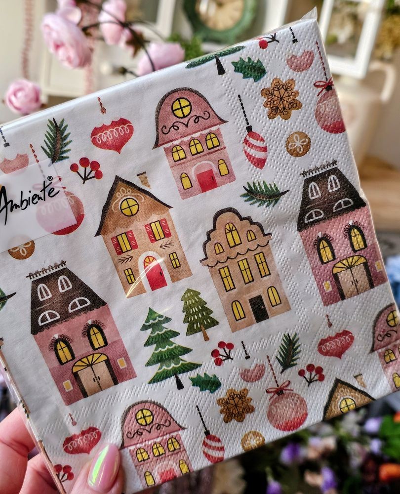 Krémové papírové ubrousky domečky Christmas - 33*33 cm (20ks)