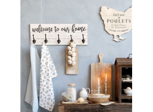 Krémový antik nástěnný věšák s háčky Welcome - 70*8*25 cm