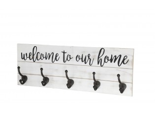 Krémový antik nástěnný věšák s háčky Welcome - 70*8*25 cm