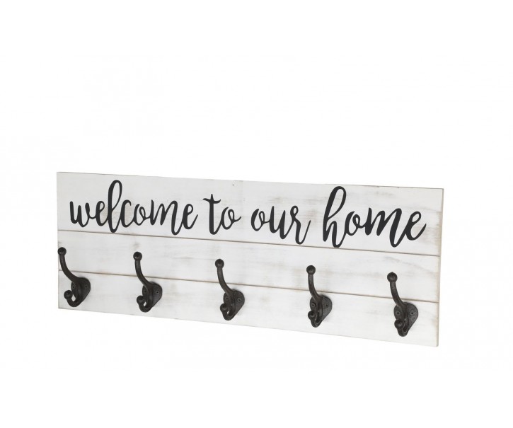 Krémový antik nástěnný věšák s háčky Welcome - 70*8*25 cm Chic Antique