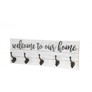 Krémový antik nástěnný věšák s háčky Welcome - 70*8*25 cm