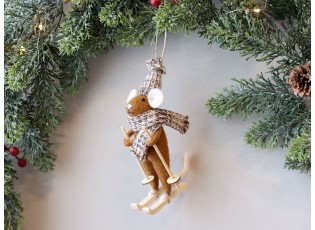 Hnědá plstěná vánoční ozdoba myška na lyžích - 8*7*14 cm