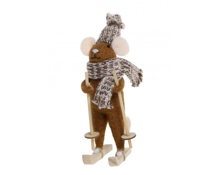 Hnědá plstěná vánoční ozdoba myška na lyžích - 8*7*14 cm Chic Antique