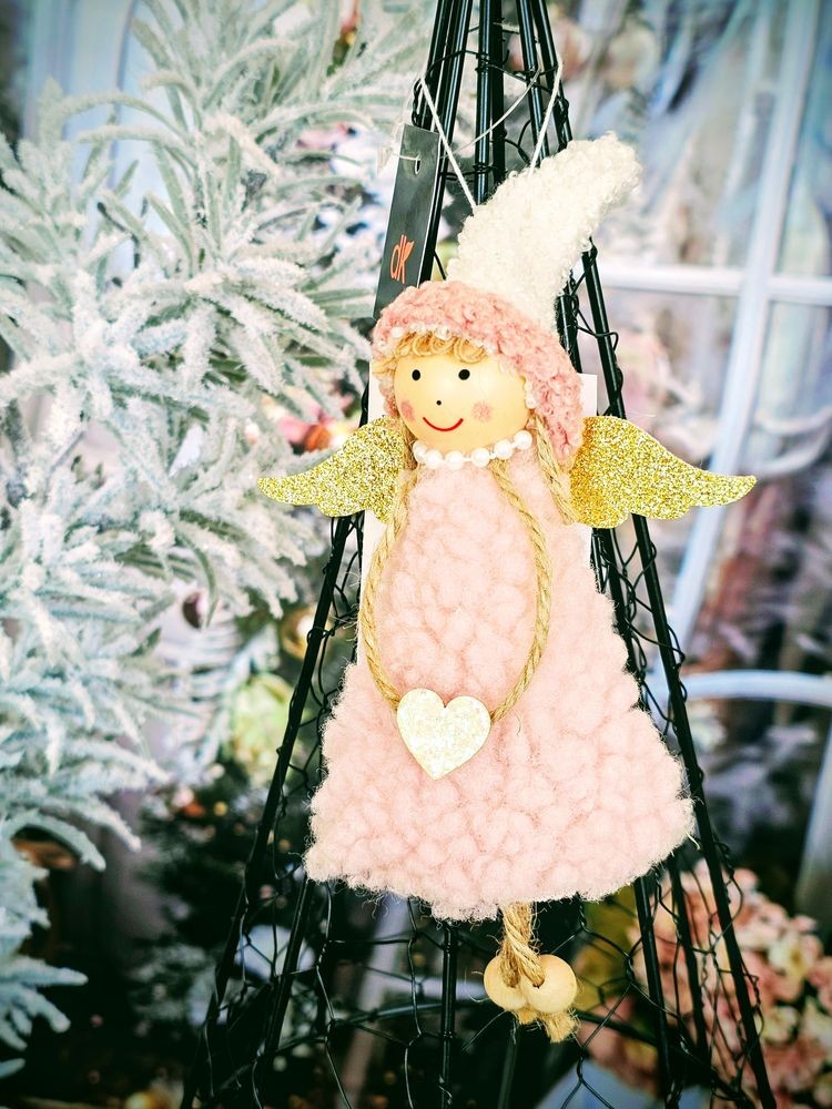 Růžová závěsná ozdoba anděl se srdíčkem - 10*3*20 cm
