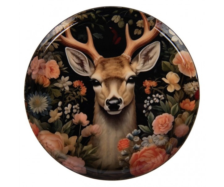 Černý kovový podtácek hlava Jelen s květy - Ø 11*1 cm Clayre & Eef