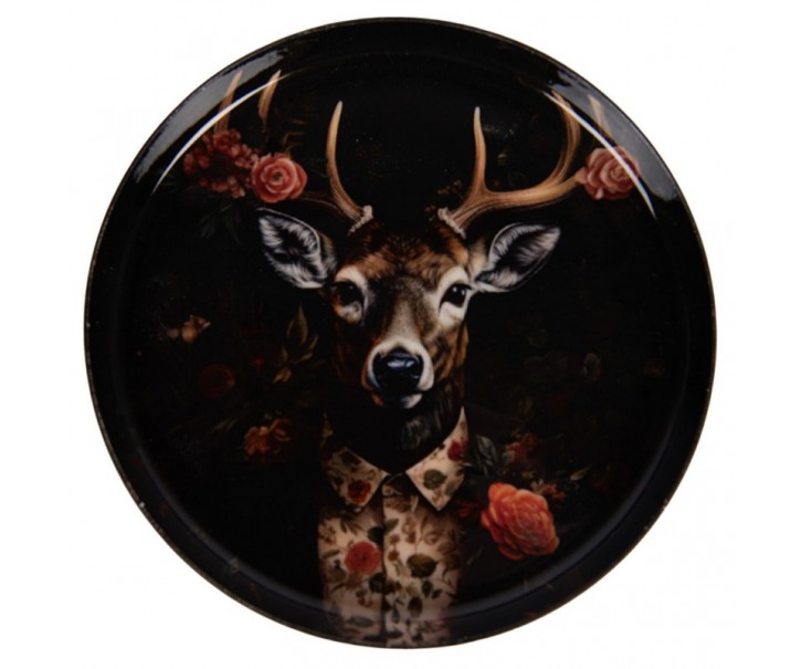 Černý kovový podtácek hlava Jelen s květy - Ø 11*1 cm Clayre & Eef