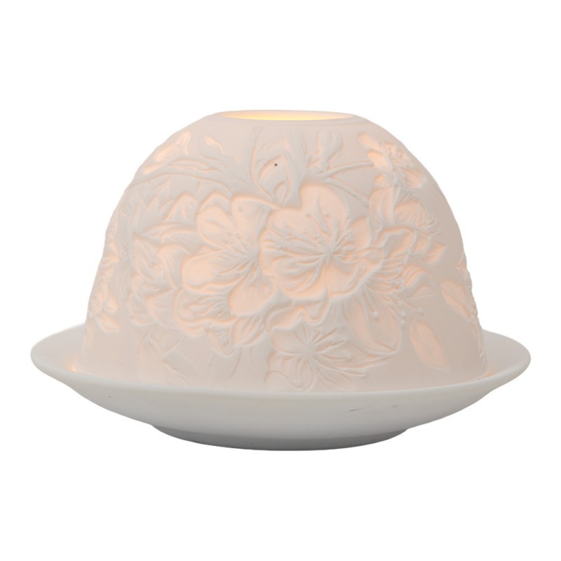 Bílý porcelánový svícen na čajovou svíčku s květy Paollo - Ø 12*8 cm