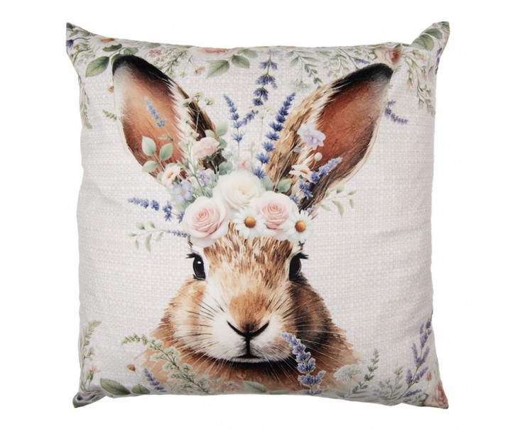 Béžový povlak na polštář s hlavou králíka a květy - 45*45cm Clayre & Eef