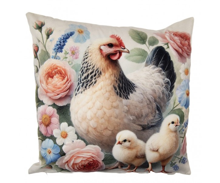 Béžový povlak na polštář se slepičkou a kuřátky - 45*45cm Clayre & Eef