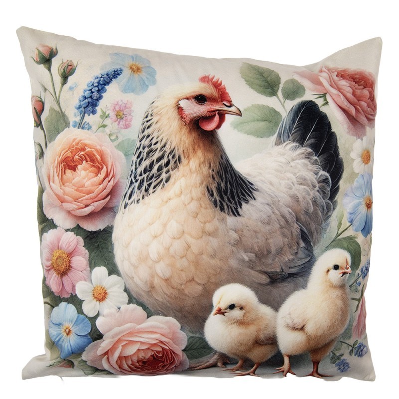 Béžový povlak na polštář slepička s kuřátky a květy - 45*45cm