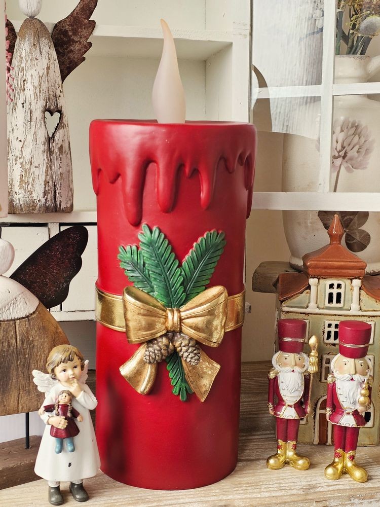 Vínová vánoční svíčka se zlatou mašlí Led Candle - 17*18*44 cm / 3*AA