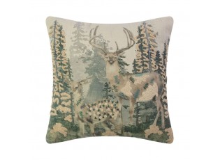 Béžový plátěný polštář jelen s vyšitými aplikacemi Deer Forest - 45*45 cm