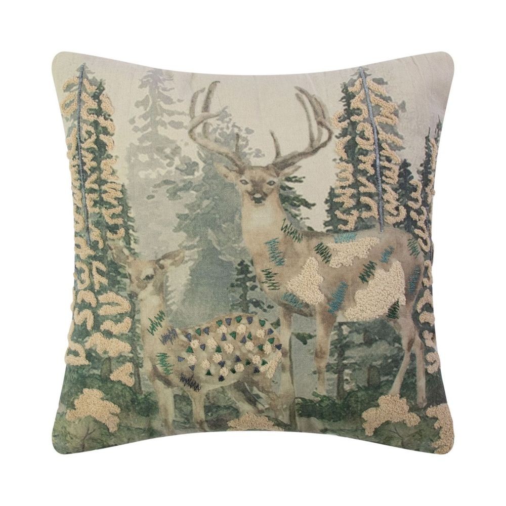 Béžový plátěný polštář s vyšitými aplikacemi Deer Forest - 45*45 cm