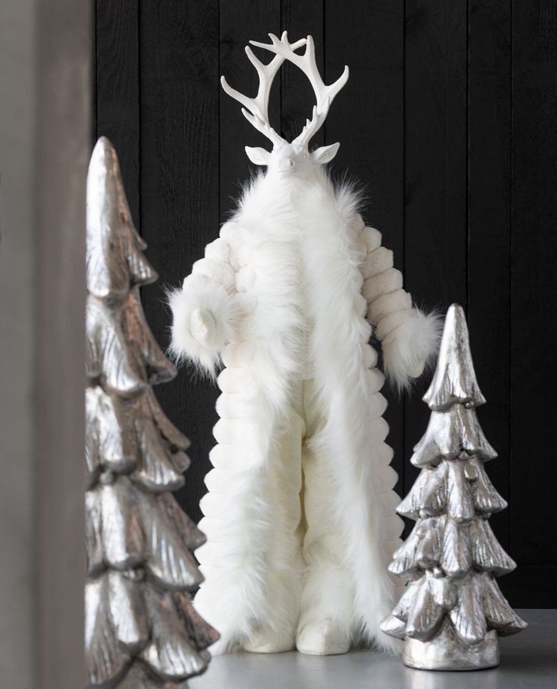 Bílá dekorace stojící jelen v kožíšku Deer - 32*21*92 cm