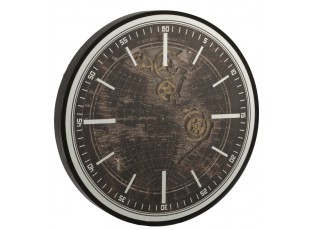 Černé dřevěné veliké nástěnné hodiny mapa světa World - Ø 80*8 cm